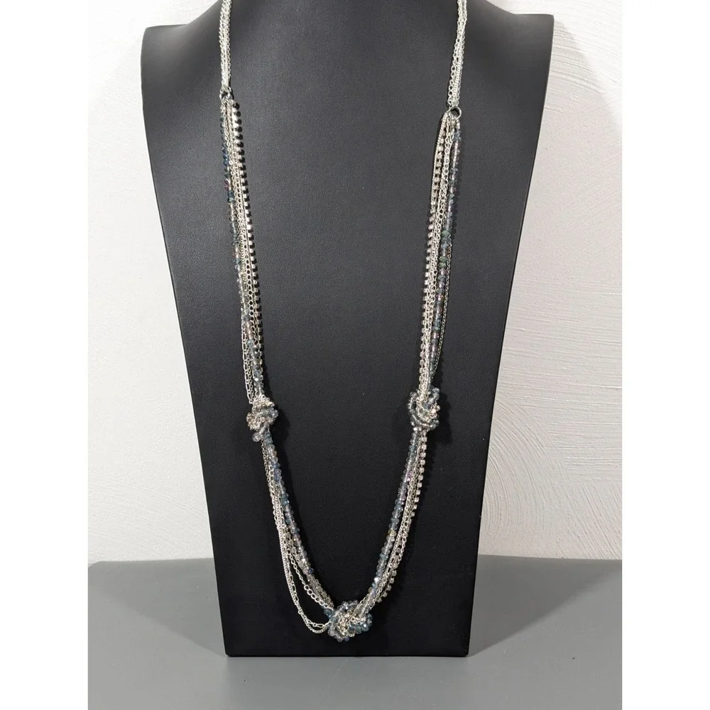 Evening Chic Silver Tone Multi Chain Glass Bead Rhinestone Knot Long Necklace 34
